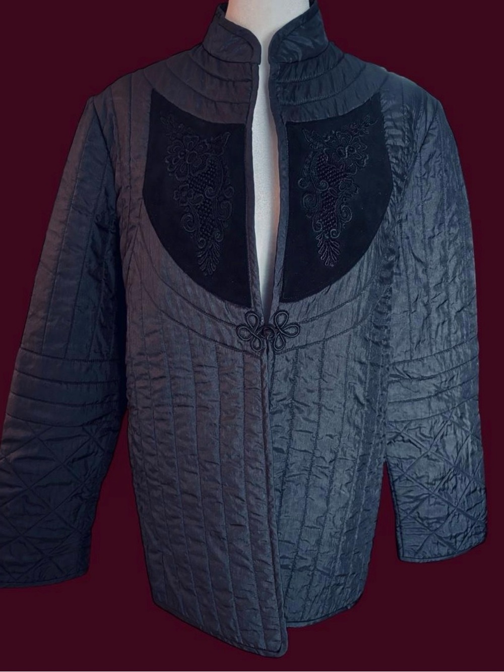 🔮Black Quilted Embroidered Mandarin Collar Jacket Witchy Whimsigoth